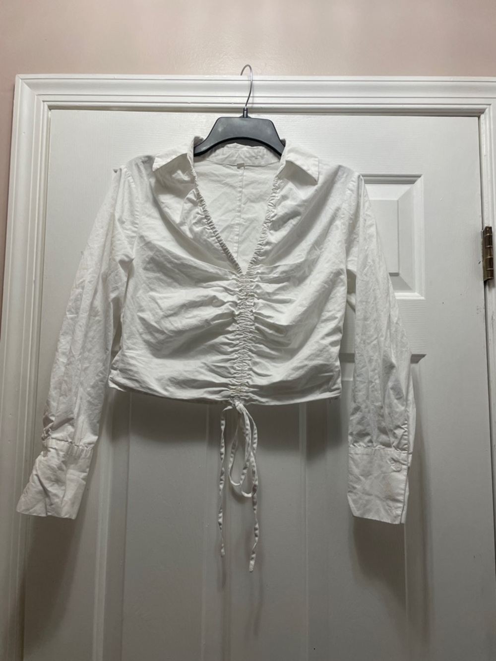 Women's White Ruched Drawstring Crop Top - Picture 2 of 5